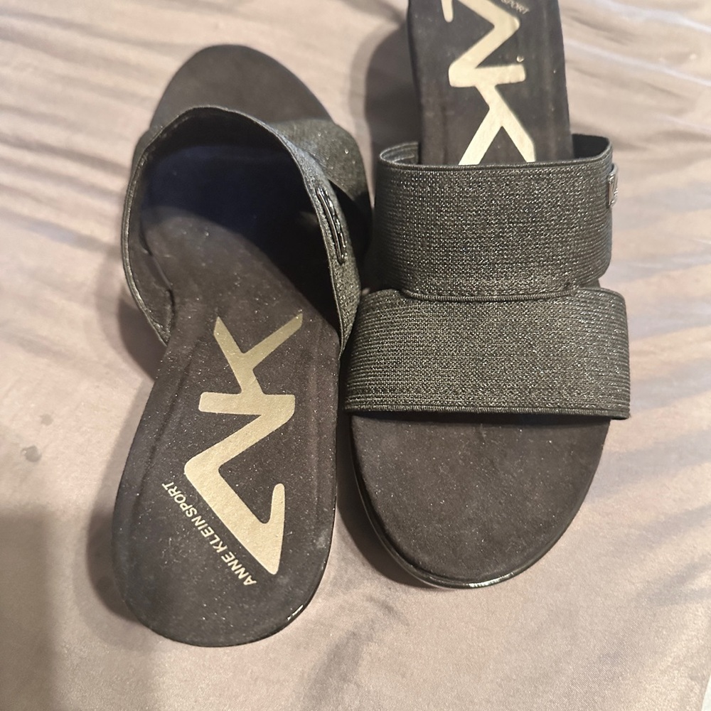 Anne Klein Black Slide wedge Sandal with Logo size 7.5 women’s